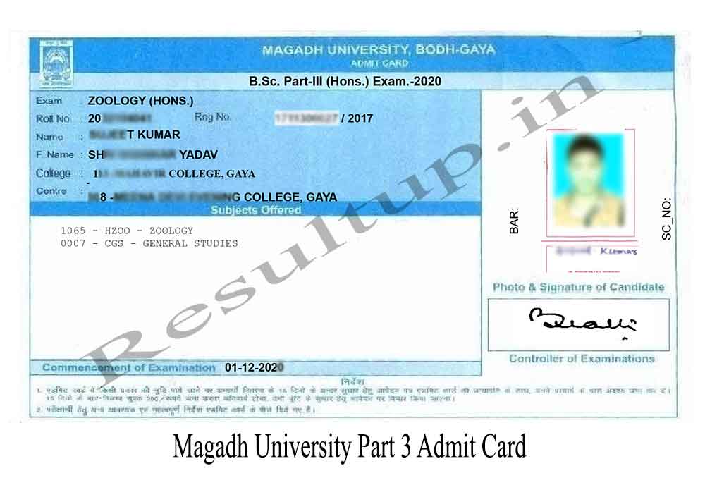 Magadh University Part 3rd Admit Card