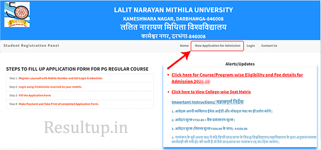 Click on New Application For Admission