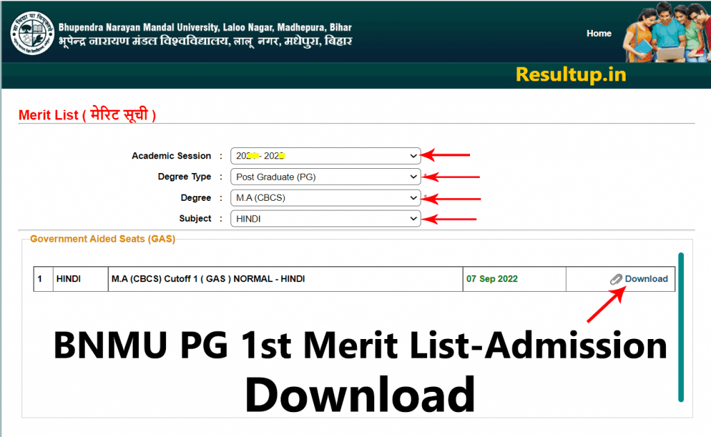 BNMU PG Merit List-Download