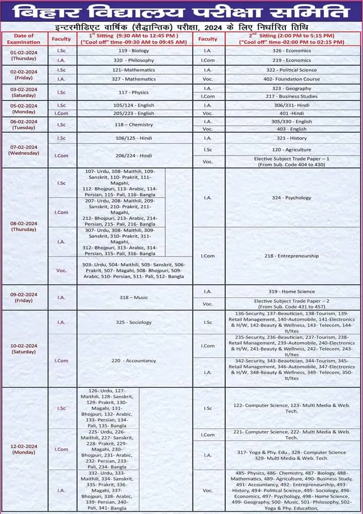 BSEB 12th Exam Time Table 2024